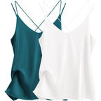Ekouaer Womens 2-Pack Silk Satin Camisole Tank Top V Neck Sexy Cross Back Spaghetti Strap Cami Sleeveless Lounge Tops S-XXL