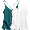 Ekouaer Womens 2-Pack Silk Satin Camisole Tank Top V Neck Sexy Cross Back Spaghetti Strap Cami Sleeveless Lounge Tops S-XXL