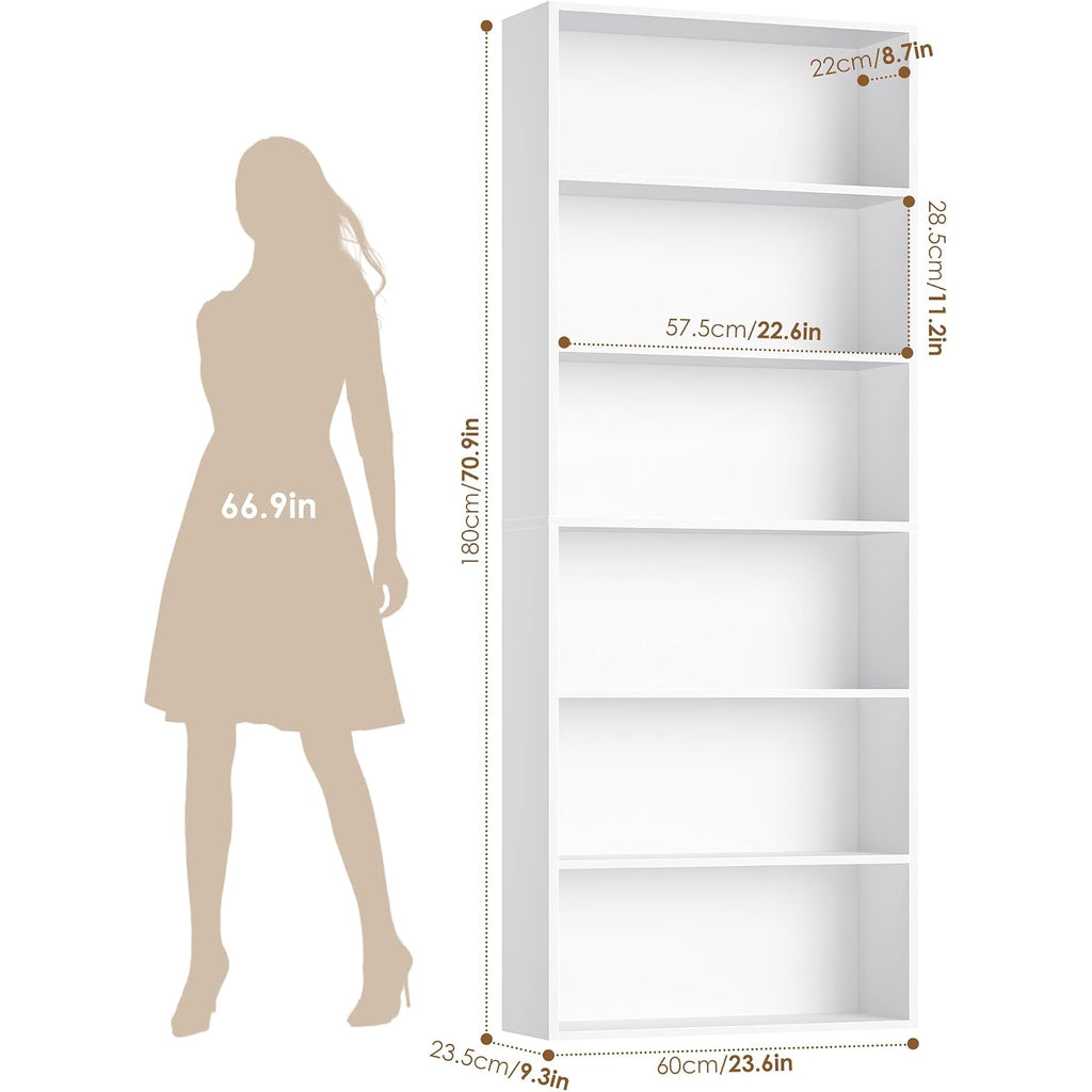 Fotosok 6-Tier Open Bookcase And Bookshelf, Freestanding Display Storage Shelves Tall Bookcase For Bedroom, Living Room And Office, White