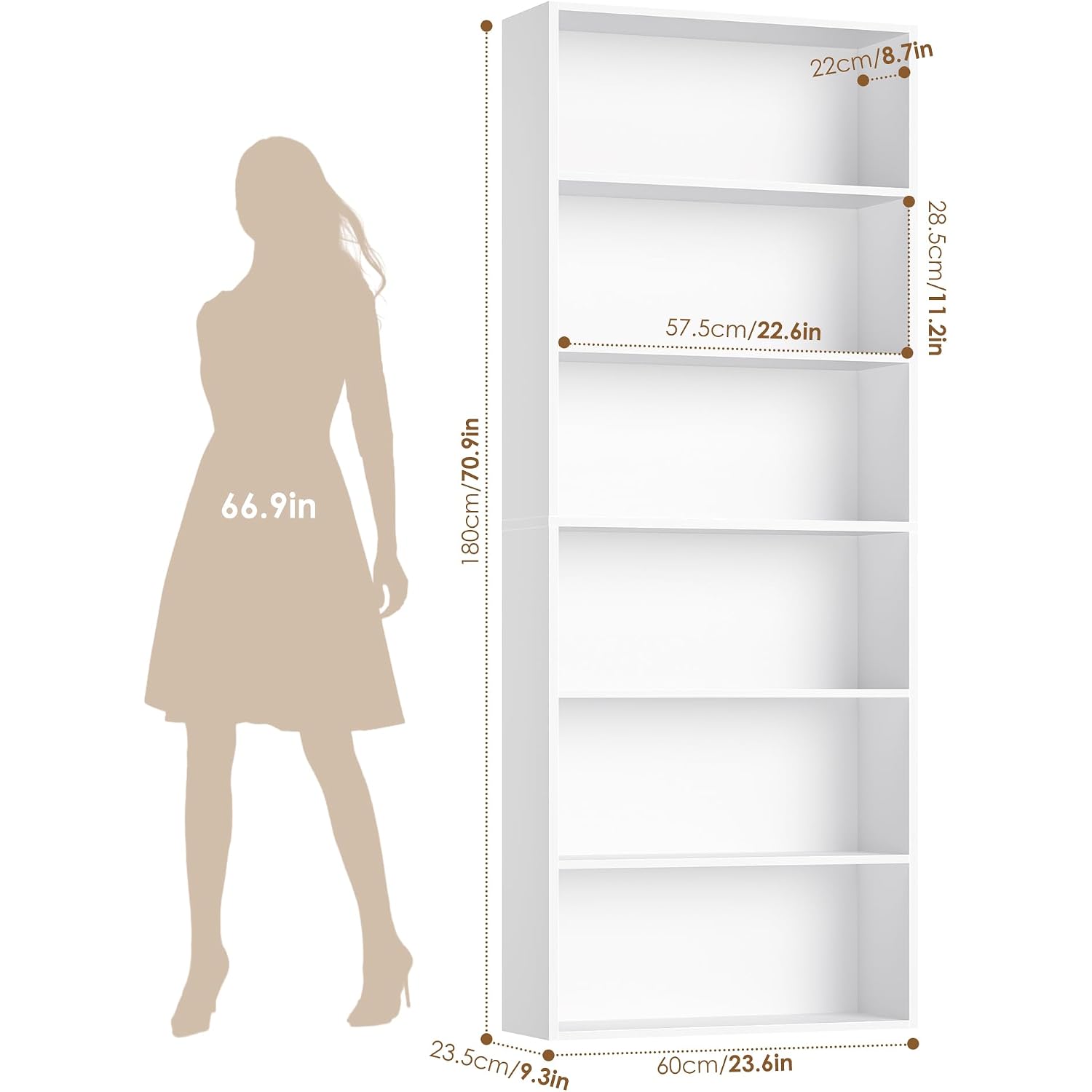 Fotosok 6-Tier Open Bookcase And Bookshelf, Freestanding Display Storage Shelves Tall Bookcase For Bedroom, Living Room And Office, White