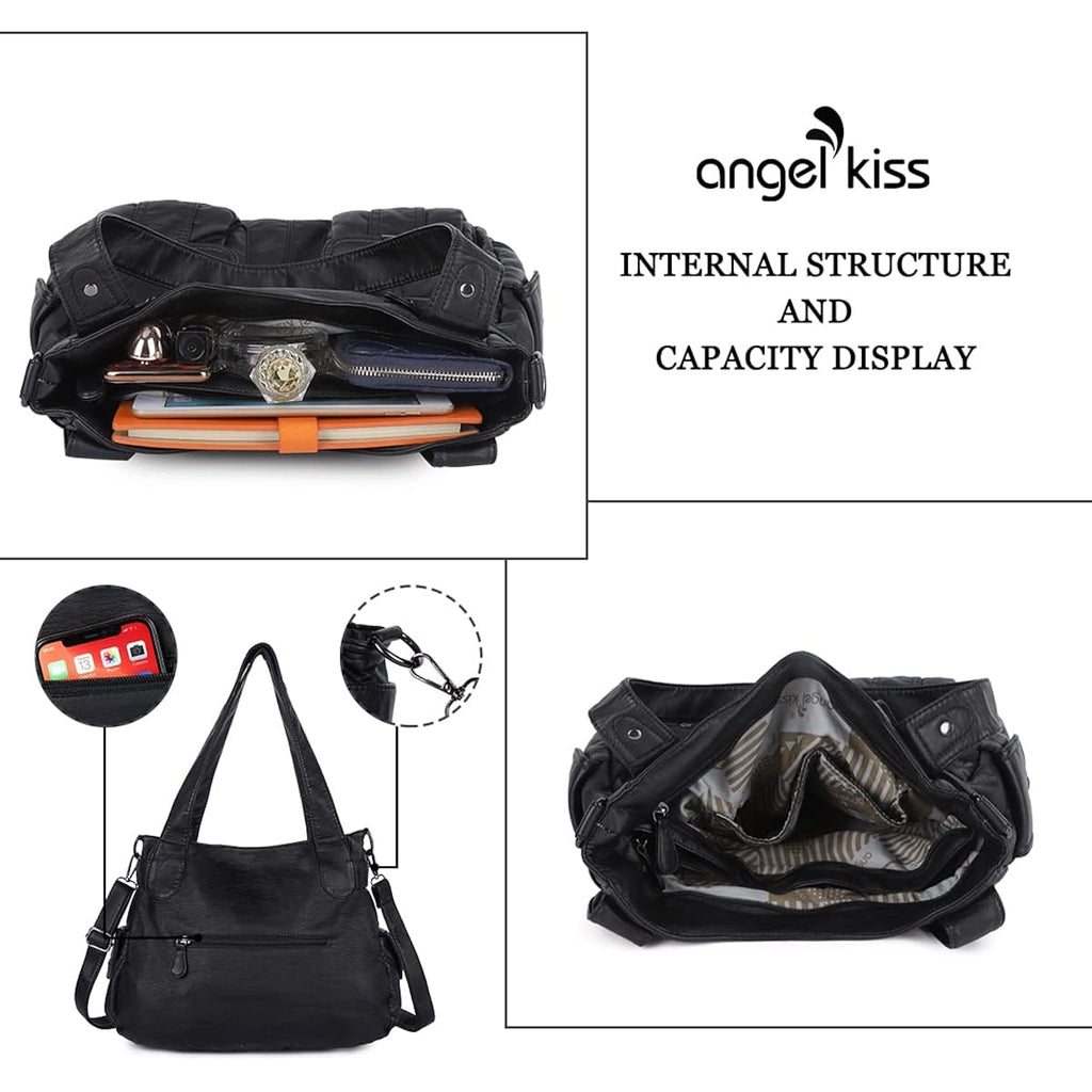 Angel Kiss Women'S Designer Handbag Large Double Zipper Multi Pocket Washed Leather Purse