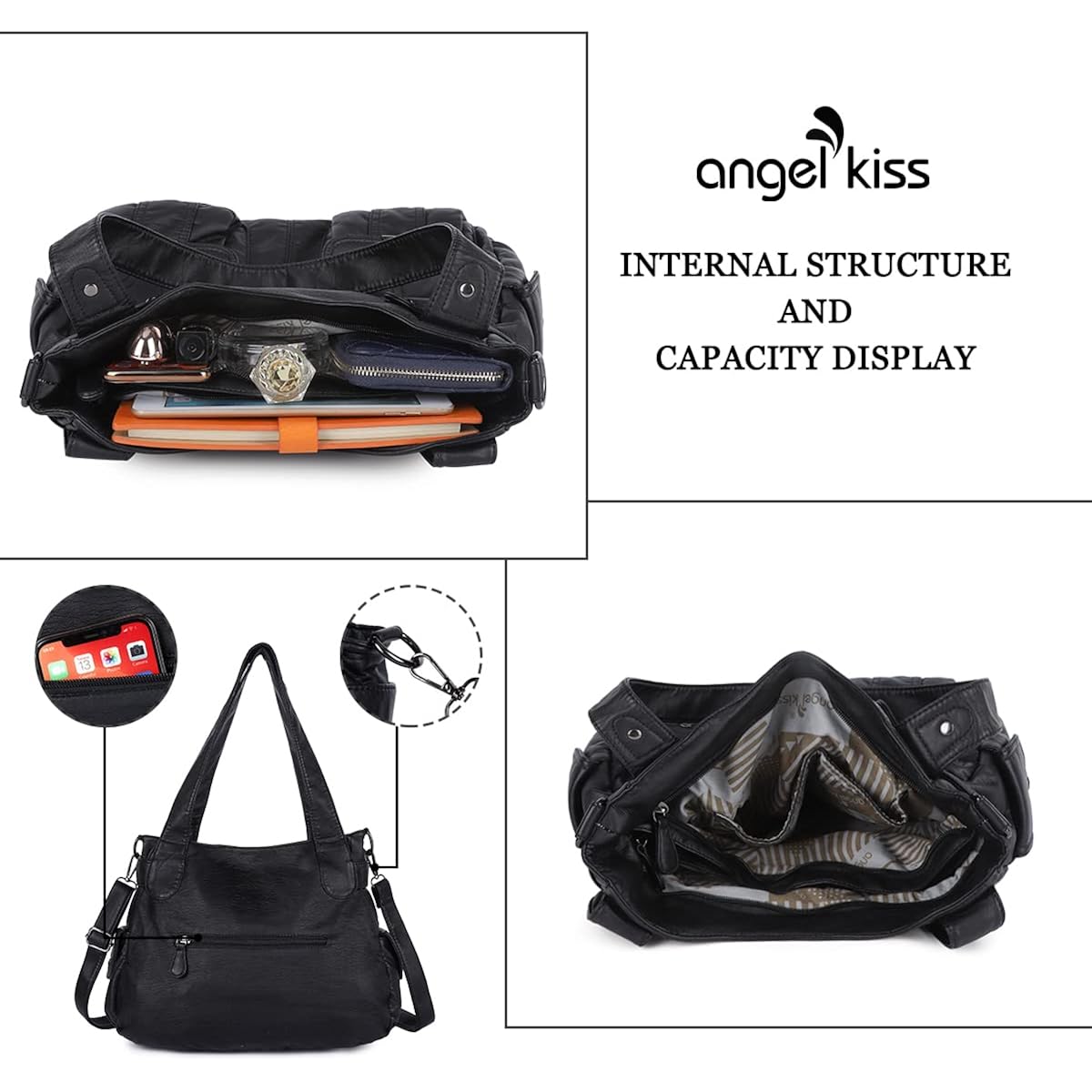 Angel Kiss Women'S Designer Handbag Large Double Zipper Multi Pocket Washed Leather Purse