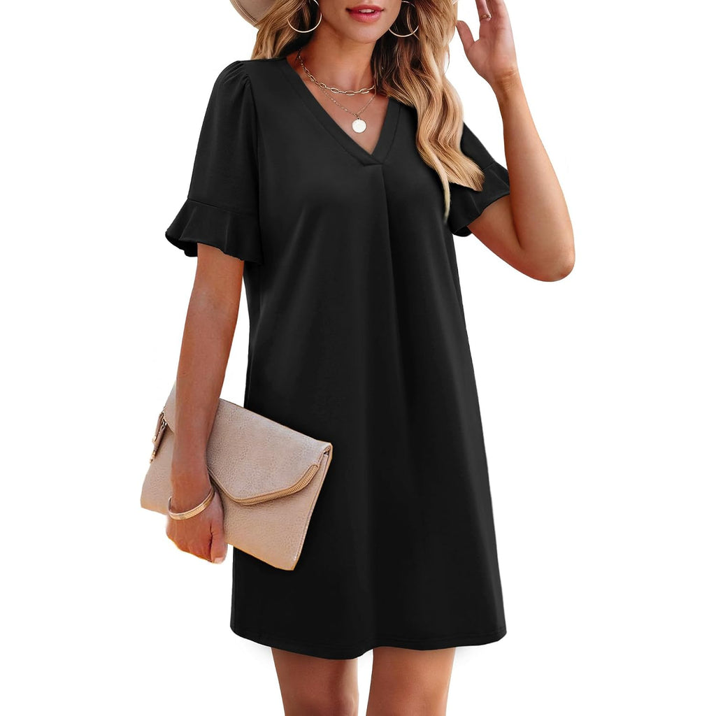 Ofeefan Summer Dresses For Women Ruffle Short Sleeve V Neck Casual Shift Dress With Pockets