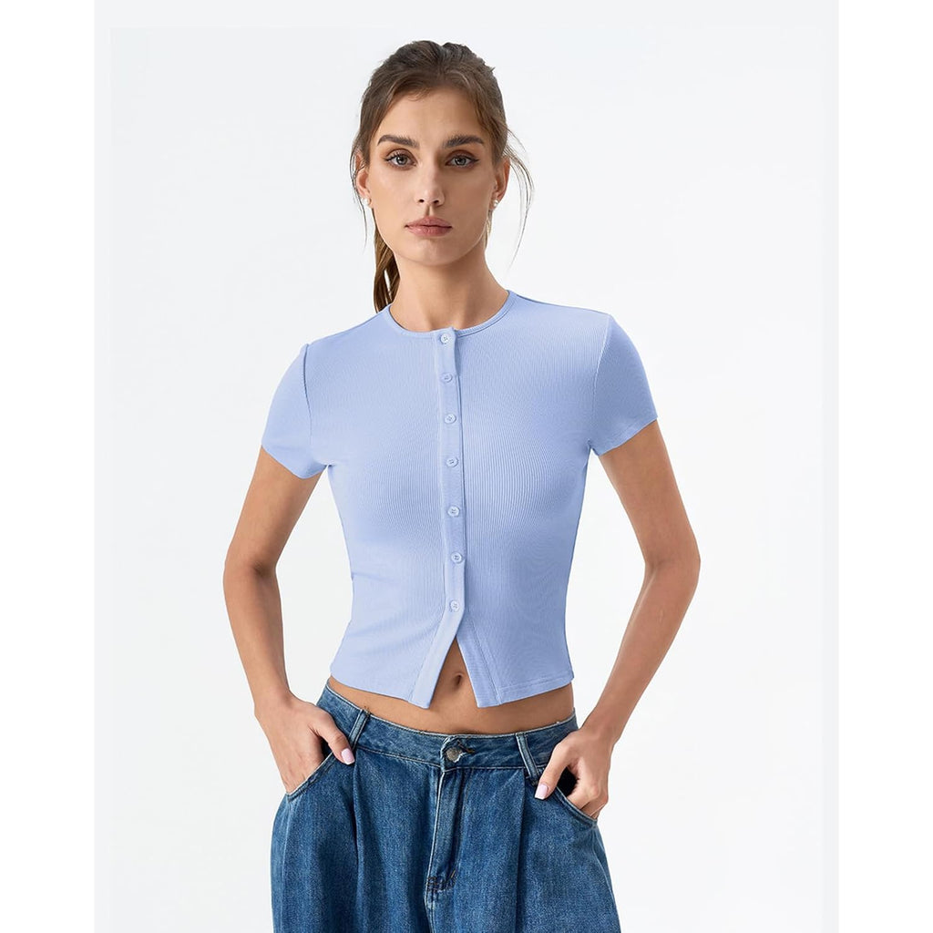 Qinsen Women'S Crewneck Short Sleeve T Shirts Ribbed Button Going Out Trendy Tops