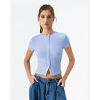 Qinsen Women'S Crewneck Short Sleeve T Shirts Ribbed Button Going Out Trendy Tops