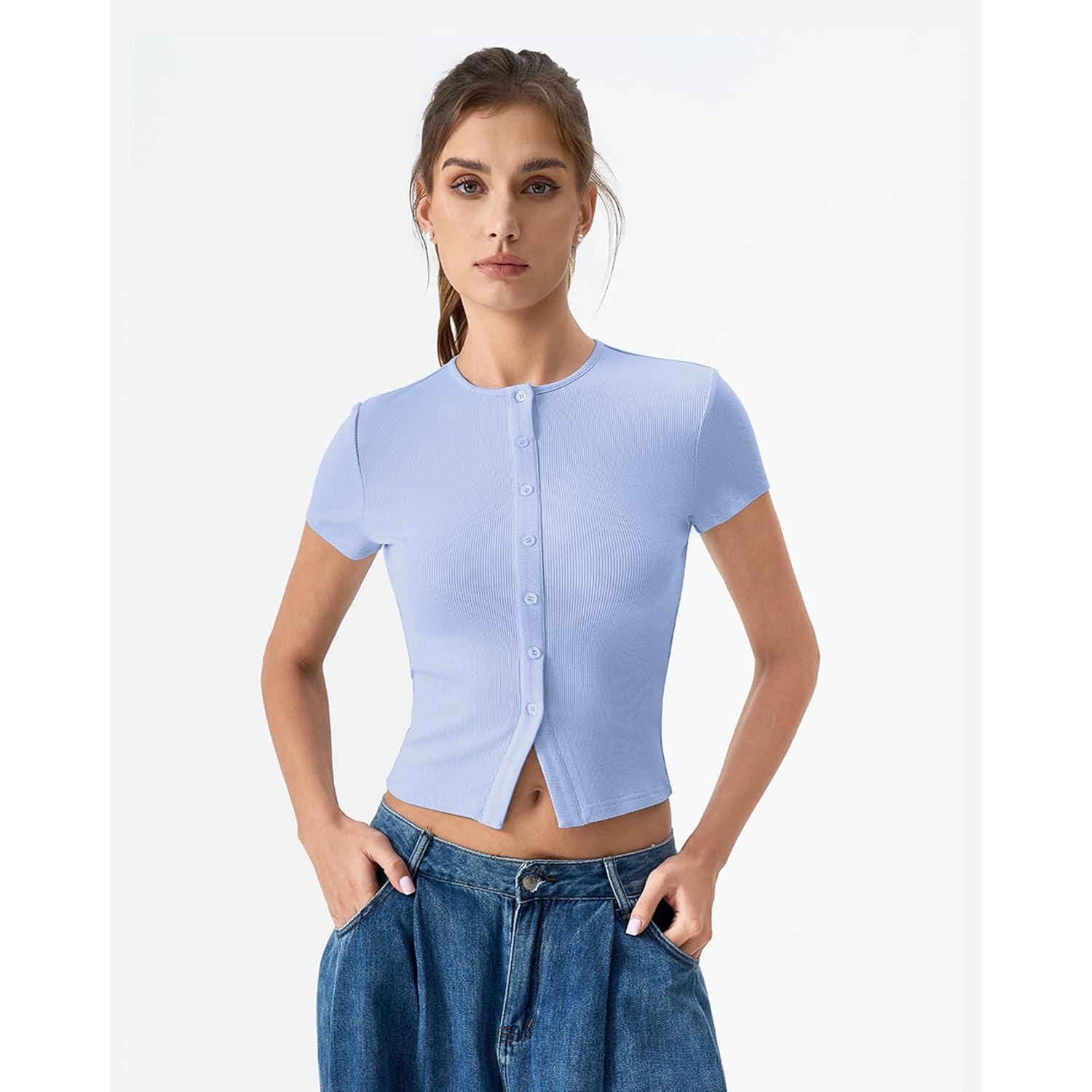 Qinsen Women'S Crewneck Short Sleeve T Shirts Ribbed Button Going Out Trendy Tops