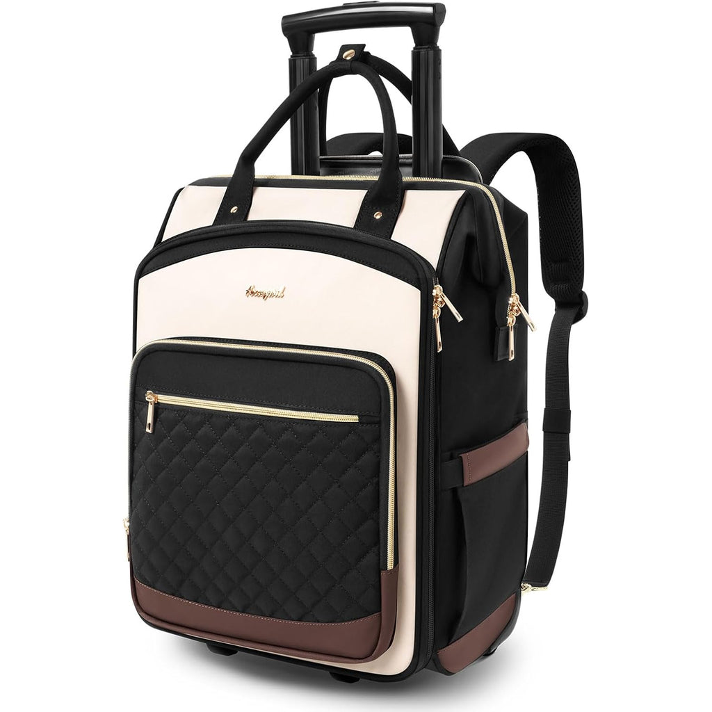Rolling Backpack For Women, Travel Backpack With Wheels, Dual-Opening Wheeled Laptop Backpack, Stylish Rolling Laptop Bag, Overnight Underseat Carry On Luggage For College Business Work, Beige Brown
