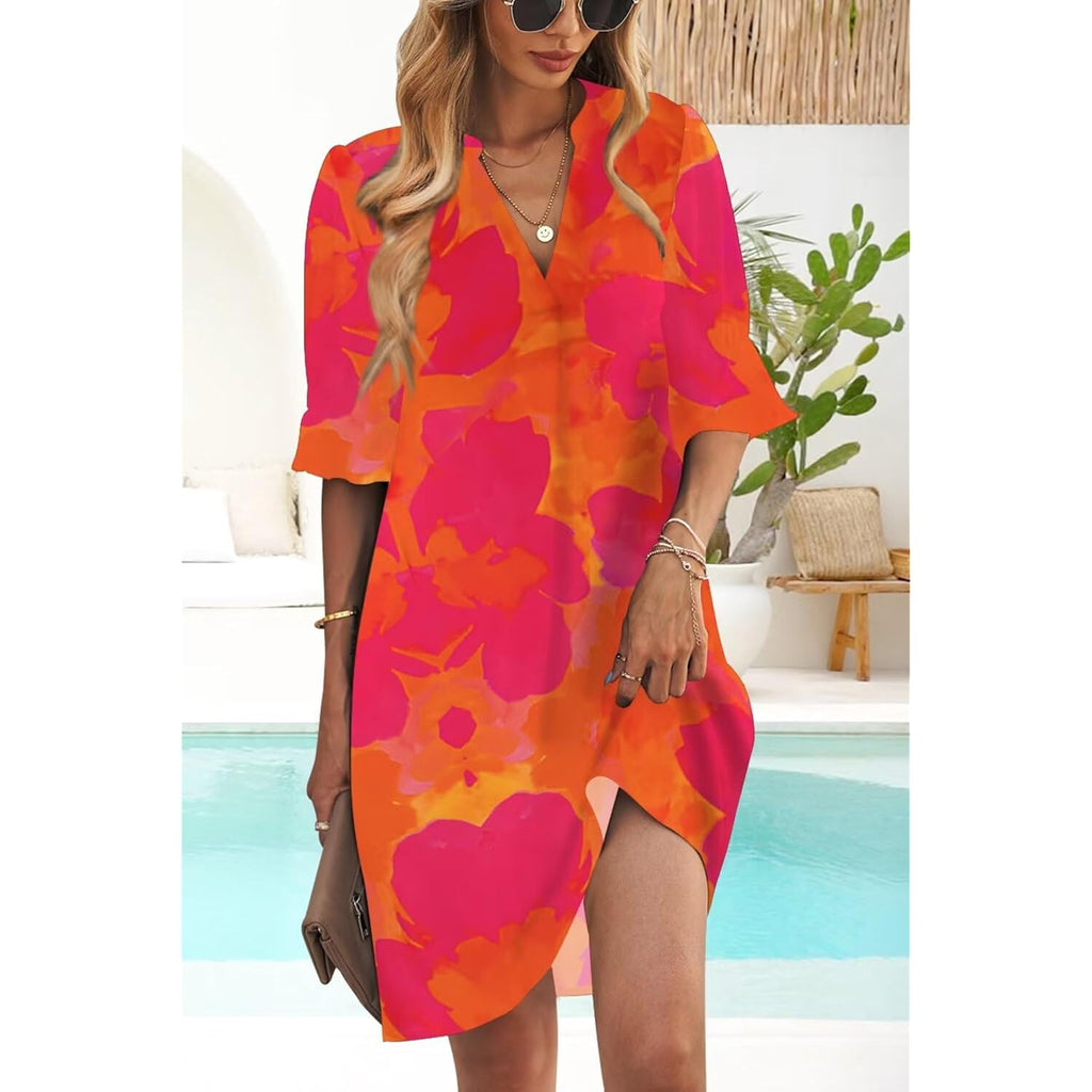 Jocafiye Womens Dresses V-Neck Ruffled Short Sleeve Dress Casual Shift Dress Summer Dresses For Women 2026