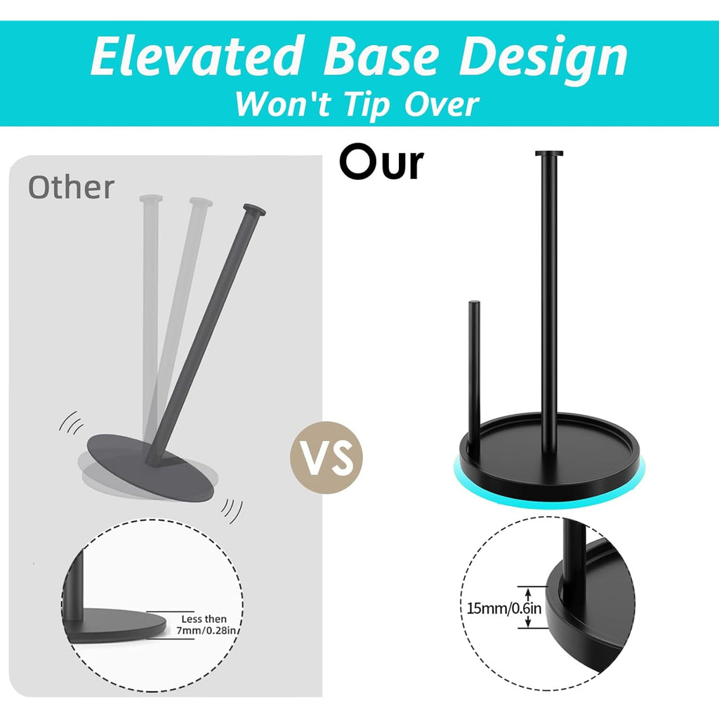Paper Towel Holder Countertop, Standing Paper Roll Holder with Anti Slip Weighted Base, Stainless Steel Freestanding Paper Towel Holder for Kitchen, Black