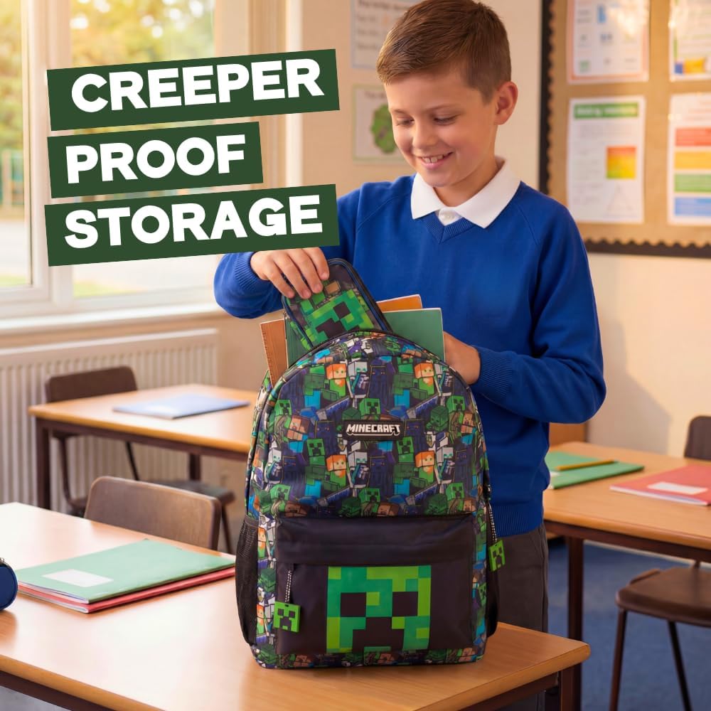 Minecraft Steve & Creeper Multicolour Backpack | Graphic Print Zip-Up Bag For Back To School | Kids Carrying Books | Unisex Kids Merch
