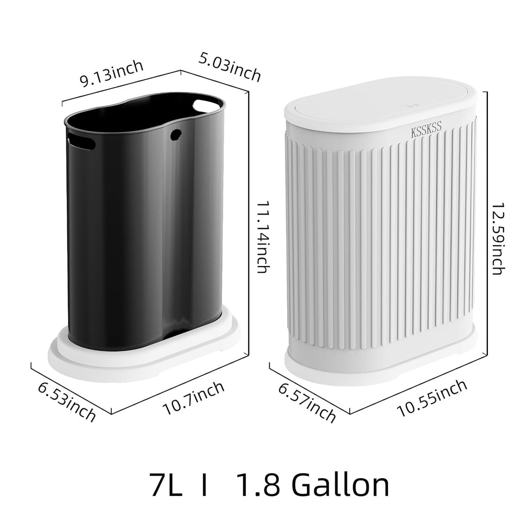 Ksskss 1.8 Gallons Small White Bathroom Trash Can With Lid, Slim Bathroom Garbage Bin, Removable Liner Bucket, Dog Proof Trash Can With Pop-Up Lid For Bedroom,Toilet