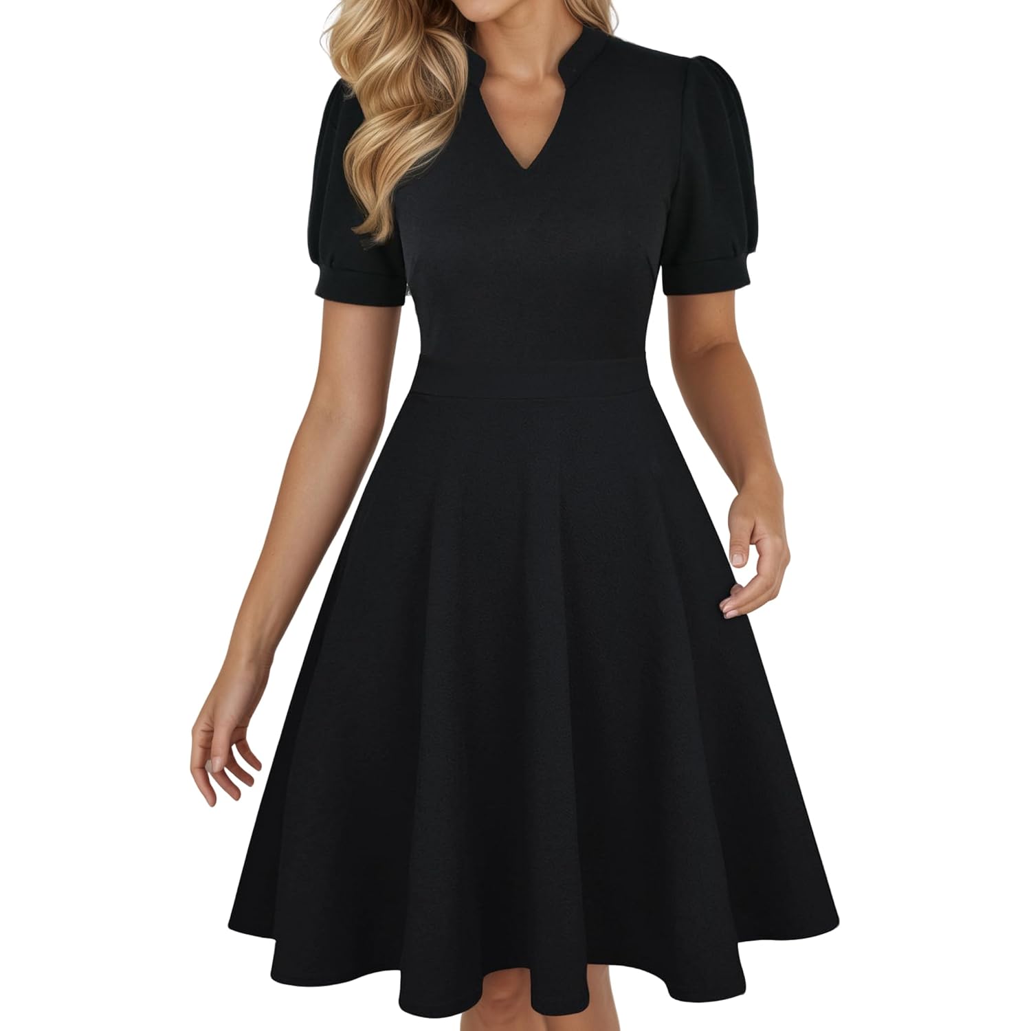 Mokayee Womens Summer Short Puff Sleeve Casual Semi-Formal Fit And Flare Church Wedding Guest Work Dresses With Pockets