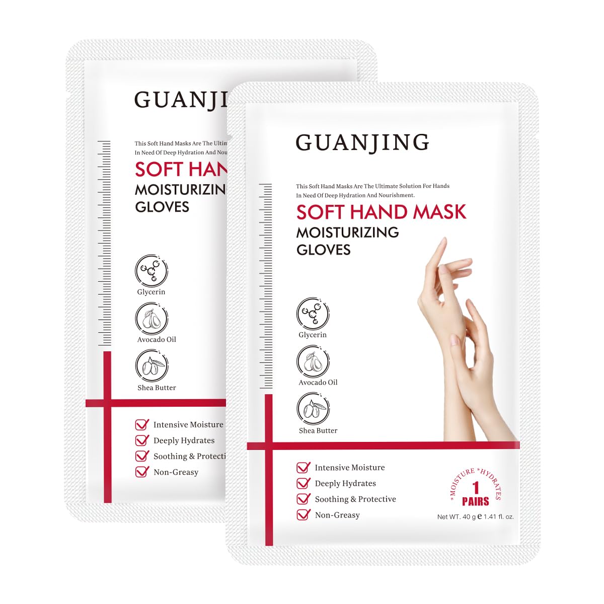 GUAN JING 72-Hour Moisture Lock Hand Mask Moisturizing Gloves with Shea Butter, 2 Pairs-Avocado Oil & Hyaluronic Acid – Deep Repair & Hydration for Dry, Cracked Hands