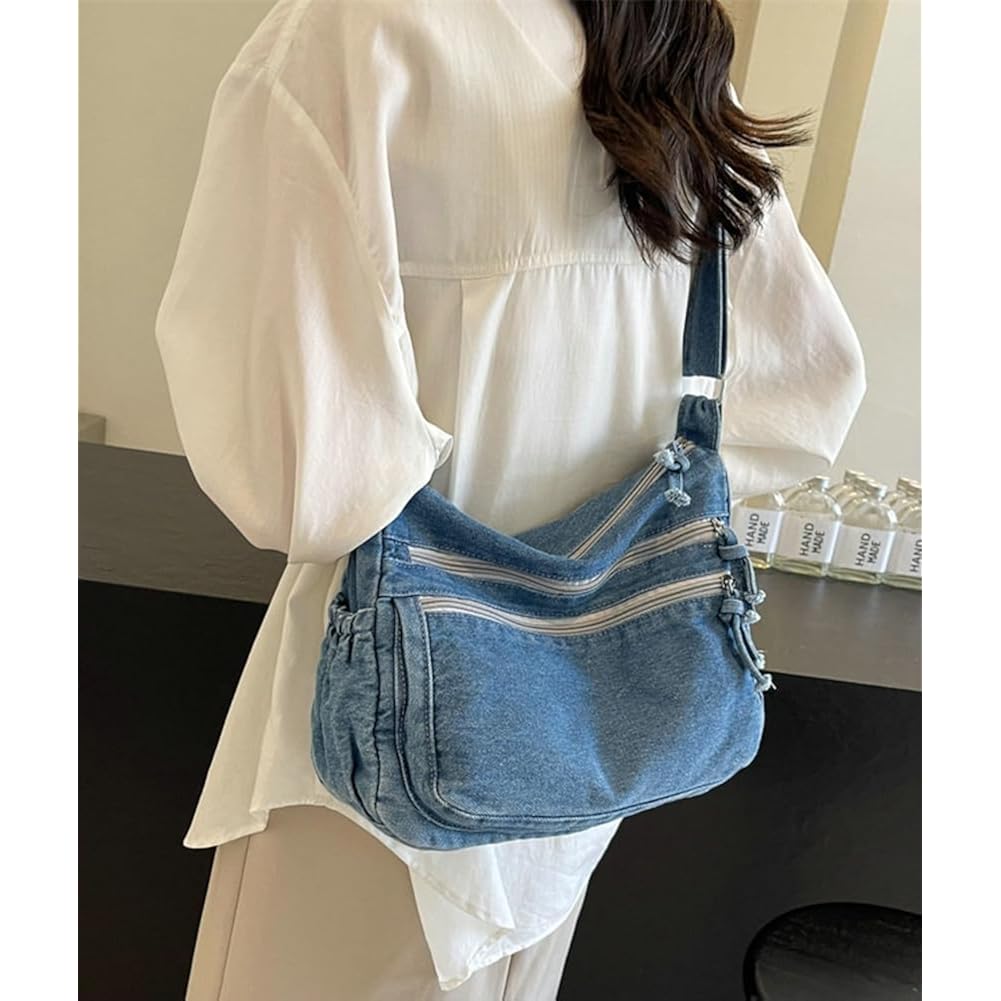 Women'S Retro Large Canvas Denim Shoulder Bag Denim Crossbody Handbags Casual Style Lightweight Tote Purse