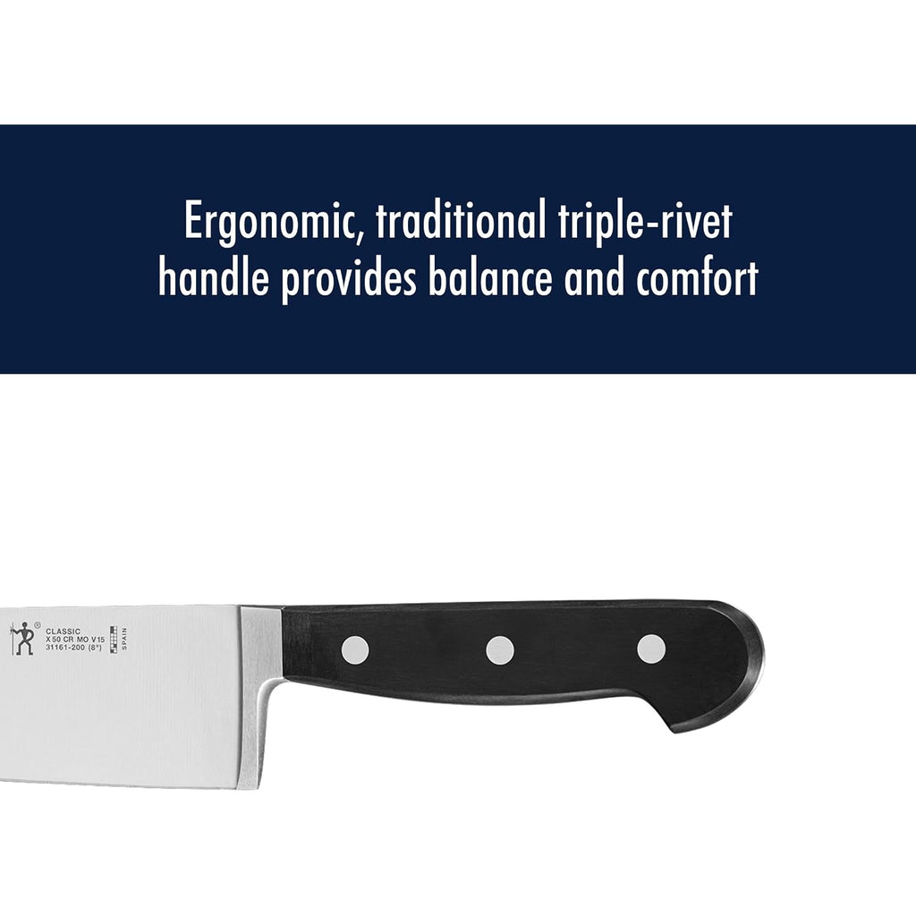Henckels Classic 8-Inch Chef Knife, Razor-Sharp, German Engineered | Fully Forged Construction Provides Balance With Traditional Triple-Rivet Handles Enables Comfortable Easy Cutting.