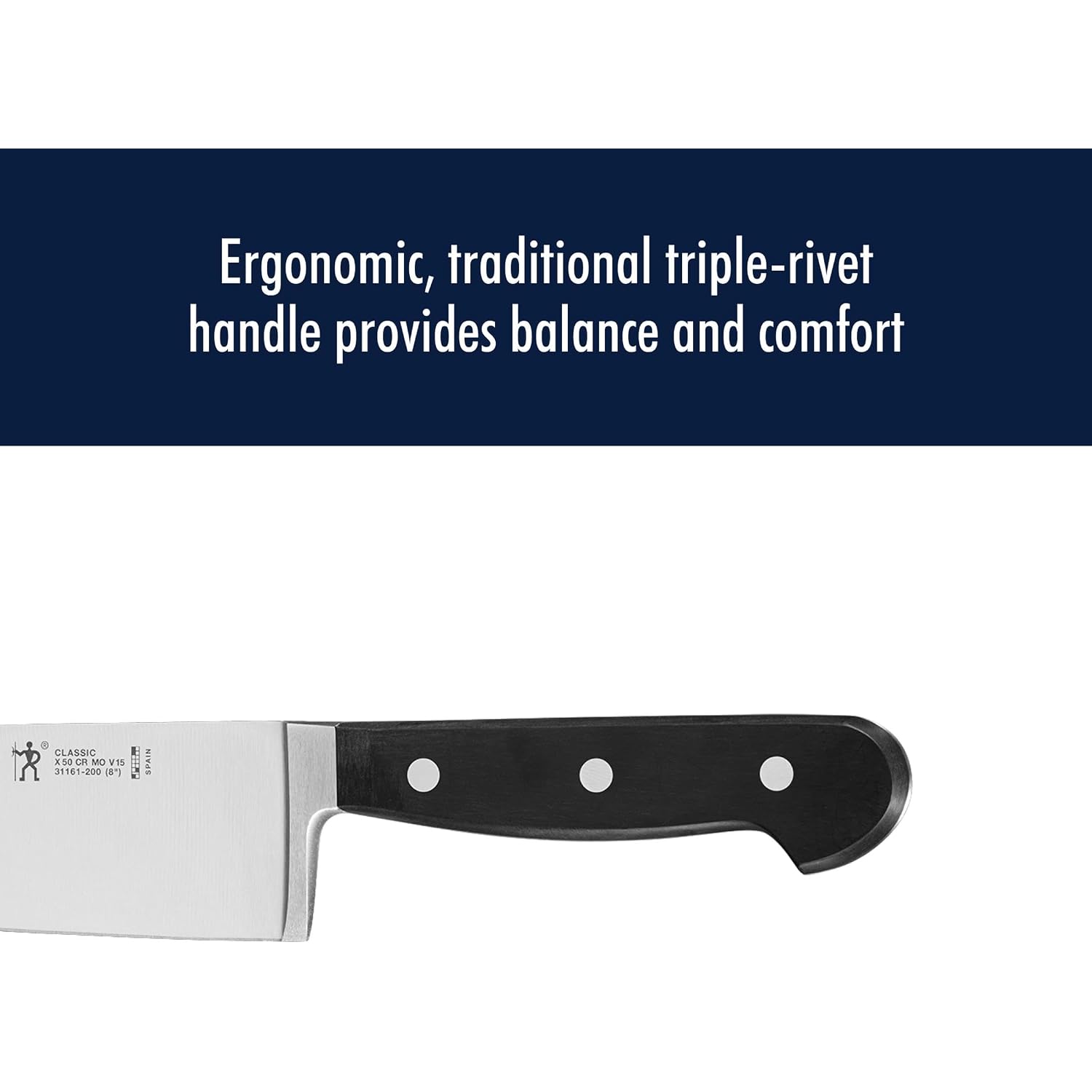 Henckels Classic 8-Inch Chef Knife, Razor-Sharp, German Engineered | Fully Forged Construction Provides Balance With Traditional Triple-Rivet Handles Enables Comfortable Easy Cutting.