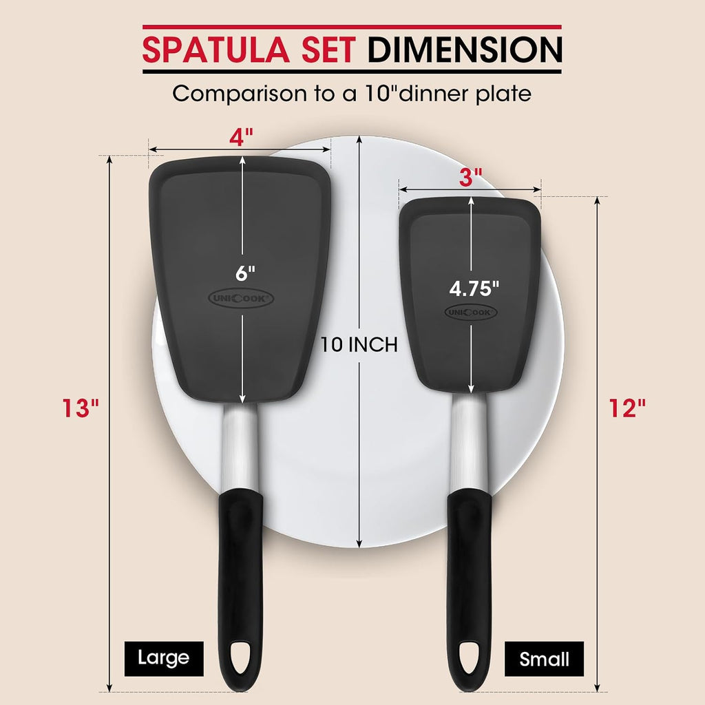 Unicook 2 Pack Flexible Silicone Spatula, Turner, 600F Heat Resistant, Ideal For Flipping Eggs, Burgers, Crepes And More, Black