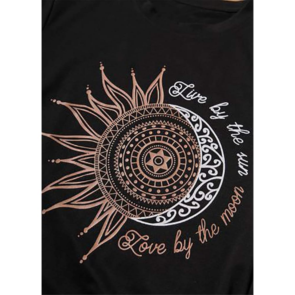 Womens Graphic Tees Summer Vintage Short Sleeve Cotton Moon and Sun Printed T Shirts Tops