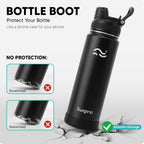 Insulated Water Bottle With Silicone Boot (36Hrs Cold/18Hrs Hot) - Diy Stickers, Leakproof, Bpa Free, Black, 24 Oz [2-In-1 Lid]
