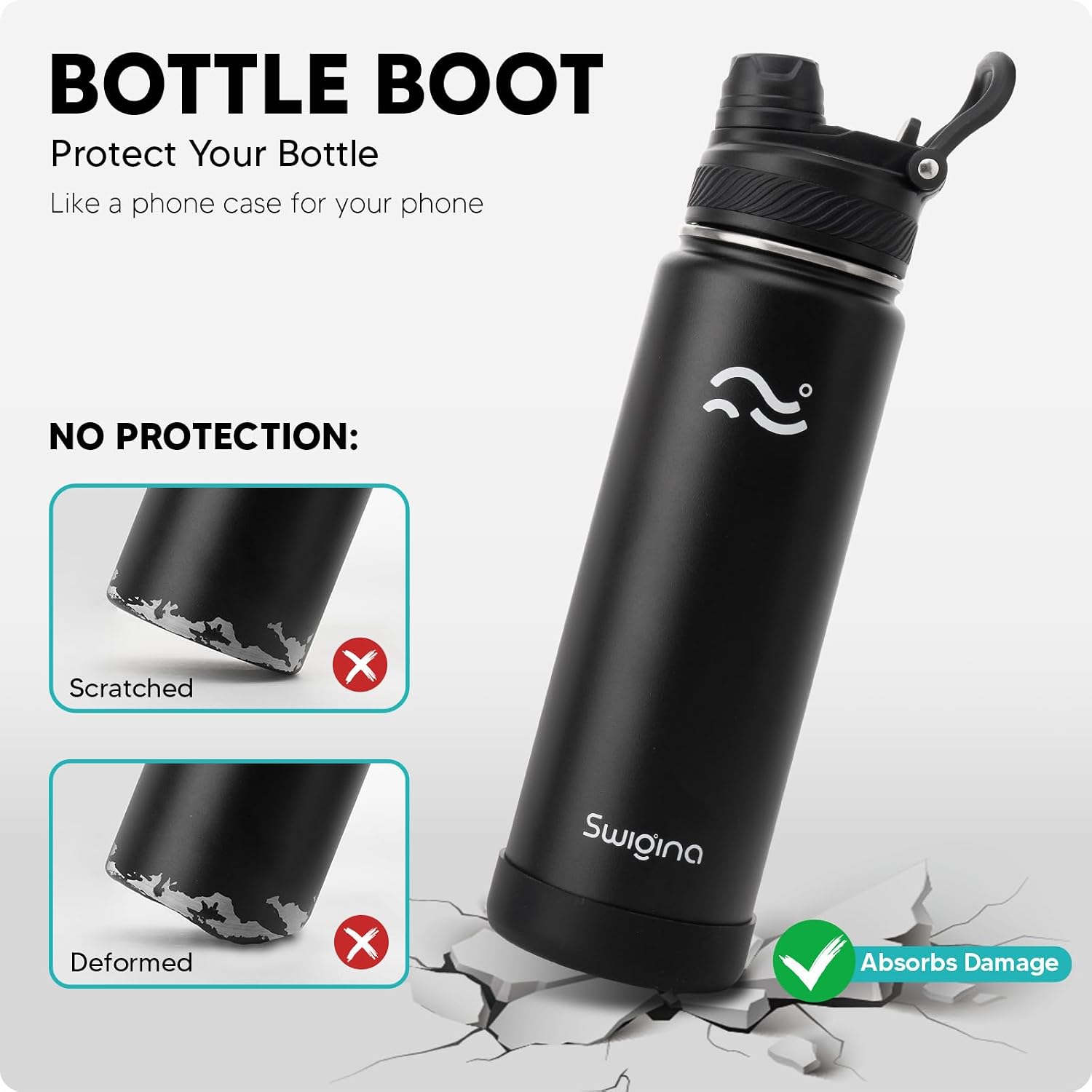 Insulated Water Bottle With Silicone Boot (36Hrs Cold/18Hrs Hot) - Diy Stickers, Leakproof, Bpa Free, Black, 24 Oz [2-In-1 Lid]