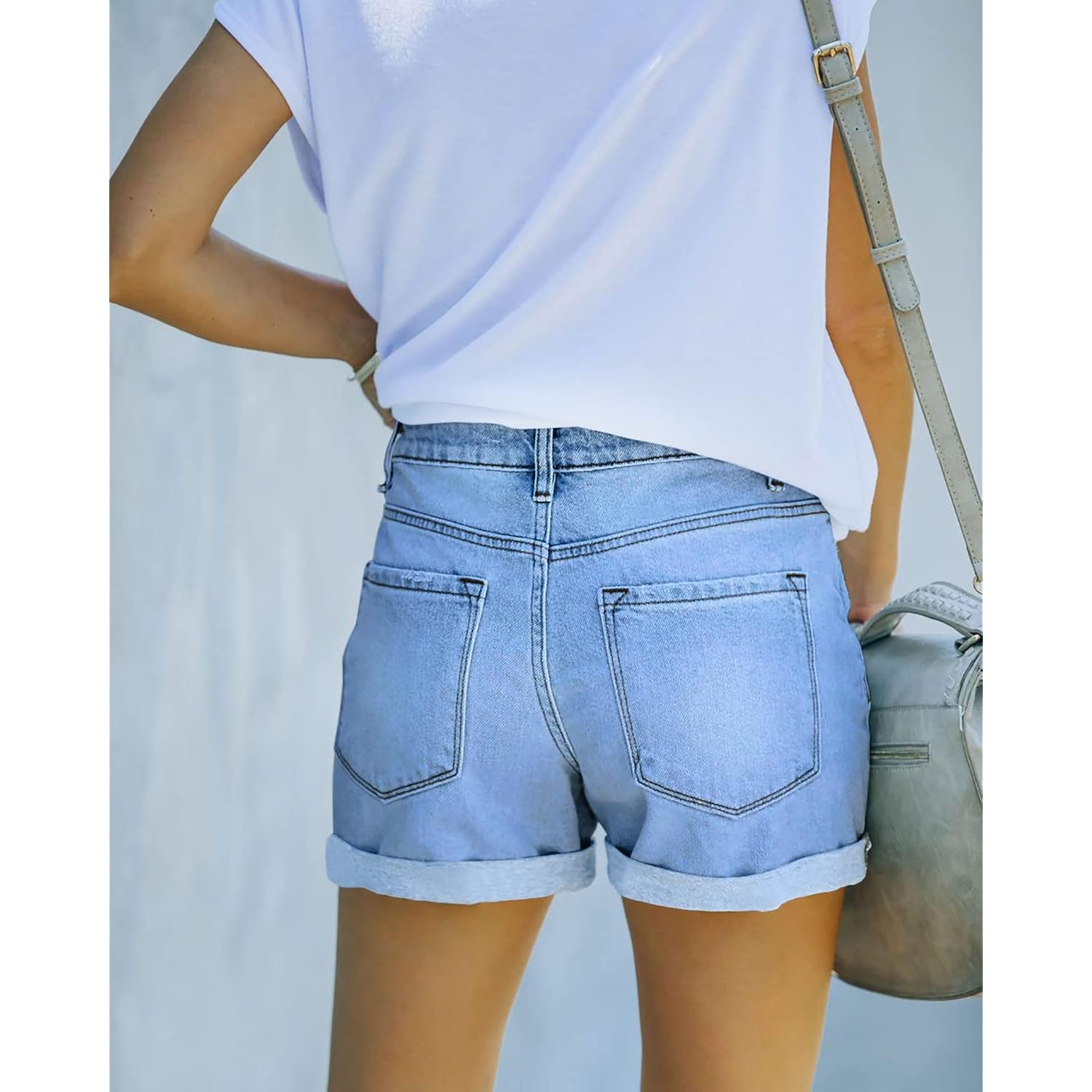 Denim Shorts for Women Mid Waisted Folded Hem Ripped Jean Shorts