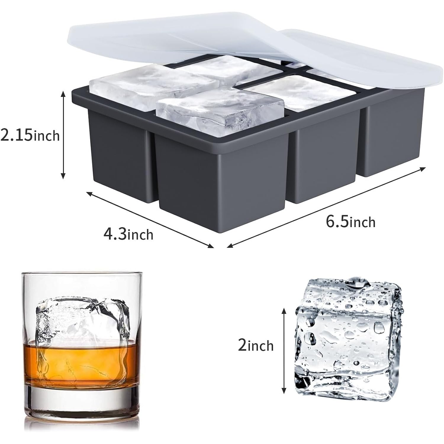 Large Ice Cube Tray For Whiskey: Fddbi Silicone Ice Cube Trays With Lid - 2Pack Big Square Old Fashioned Ice Cube Maker For Cocktail - 2Inch Huge Cubed Ice Trays For Whisky