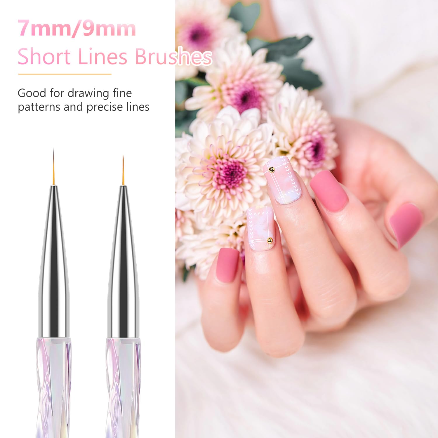 TEOYALL Nail Art Liner Brushes, Fine Line Nail Brush 7/9/11/15/20mm Thin Detail Precision Drawing Brushes for Gel Nail Polish