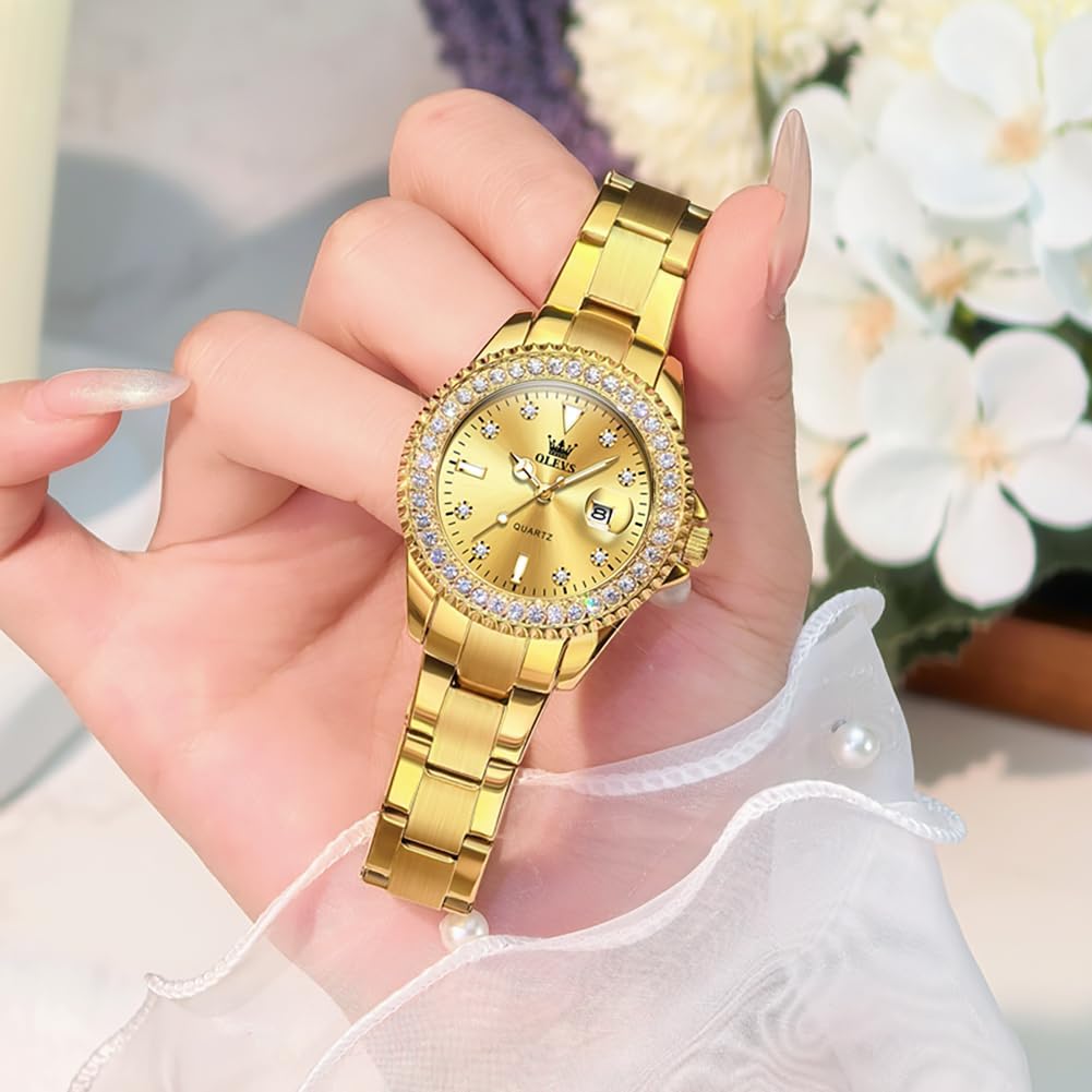 Olevs Ladies Watch Diamond Dress Quartz Analog Female Watches Stainless Steel Two Tone Waterproof Luminous Day Date For Womens Wrist Watch Gift