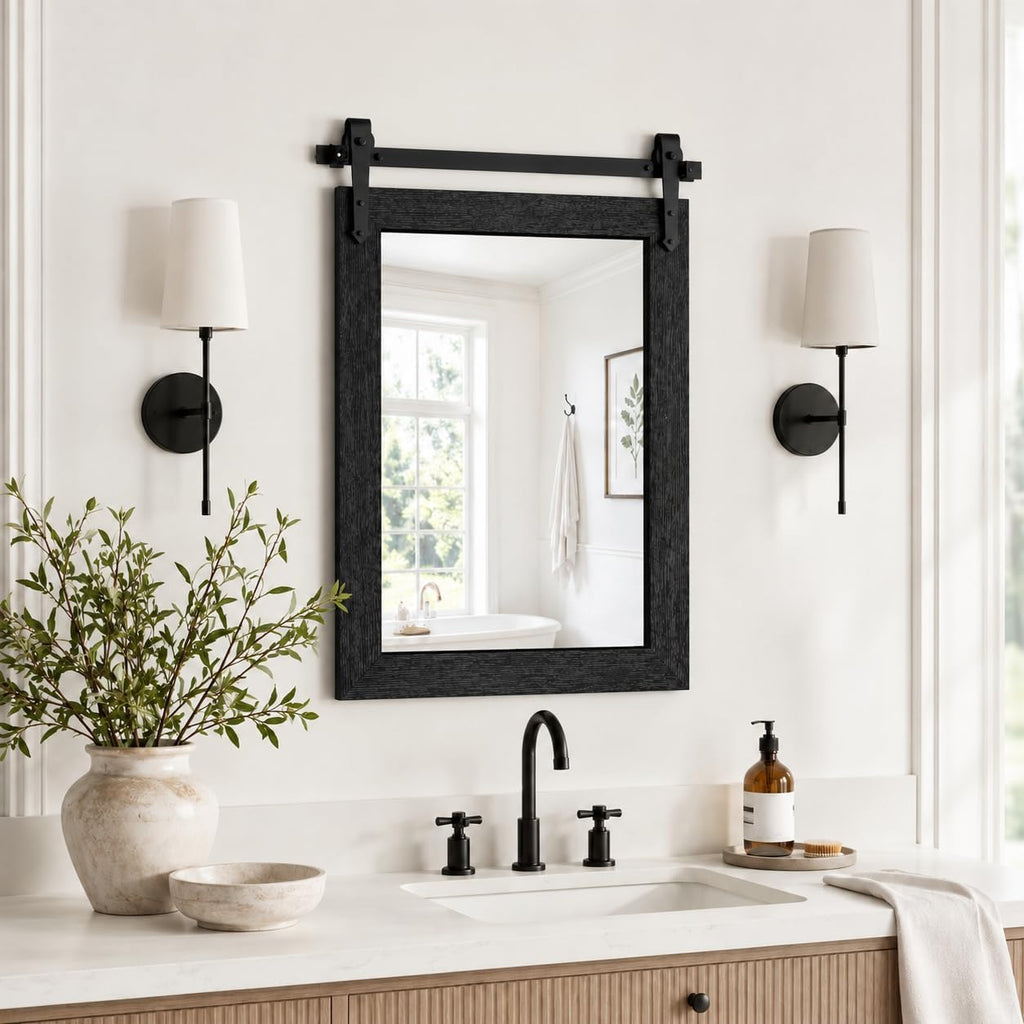 Farmhouse Bathroom Mirror For Over Sink 22”X32” Black, Rustic Western Barn Decor Bathroom Vanity Mirror, Wall Mirror For Bathroom, Living Room, Bedroom, Entryway