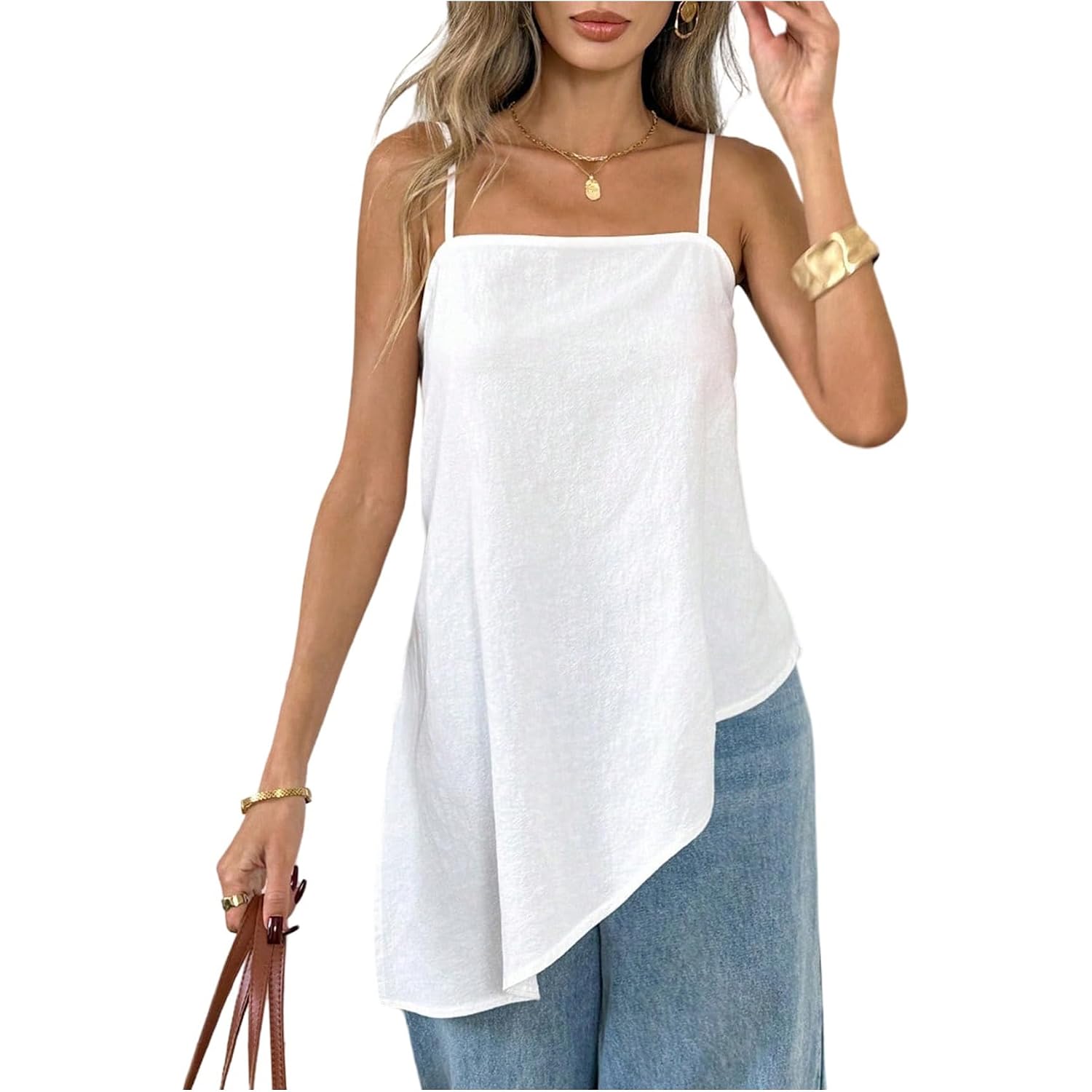 SHENHE Women's Summer Long Camisole Top Asymmetrical Split Hem Spaghetti Strap Cami Tank