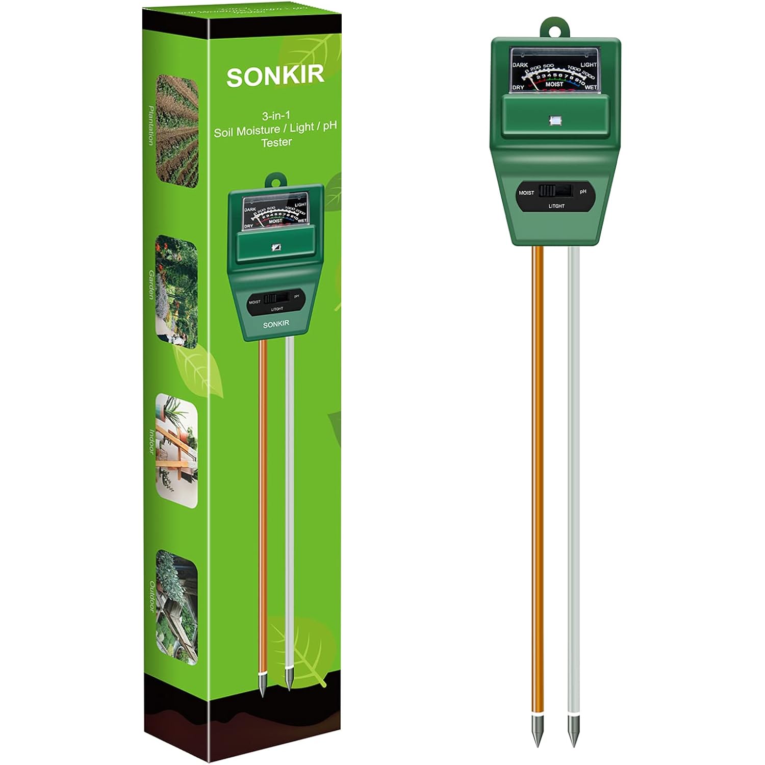 Sonkir Soil Ph Meter, Ms02 3-In-1 Soil Moisture/Light/Ph Tester Gardening Tool Kits For Plant Care, Great For Garden, Lawn, Farm, Indoor & Outdoor Use (Green)