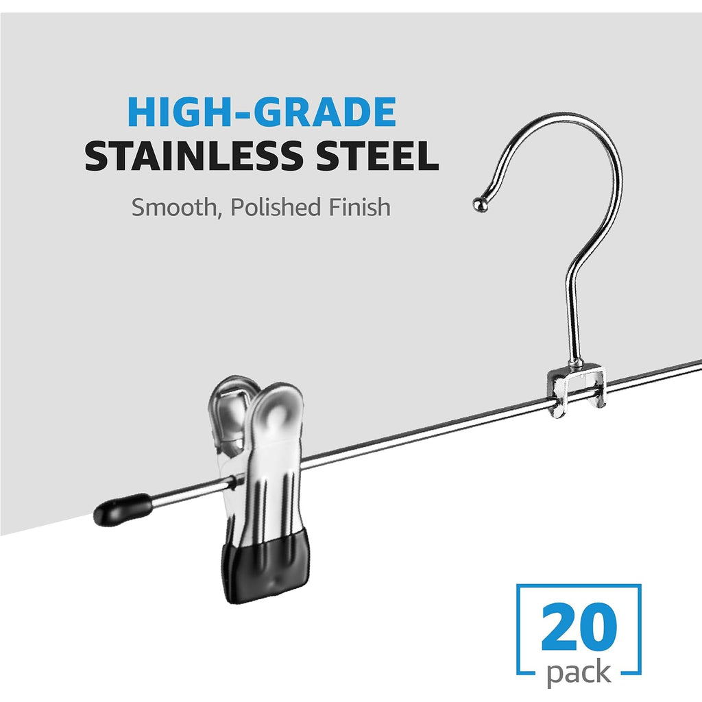 Zober Metal Pants Hangers With Clips - Pack Of 20 Space Saving Skirt Hangers For Women - Chrome, Non-Slip, Adjustable Clips, For Pants, Skirts, Jeans Closet Organization, College Dorm Essentials