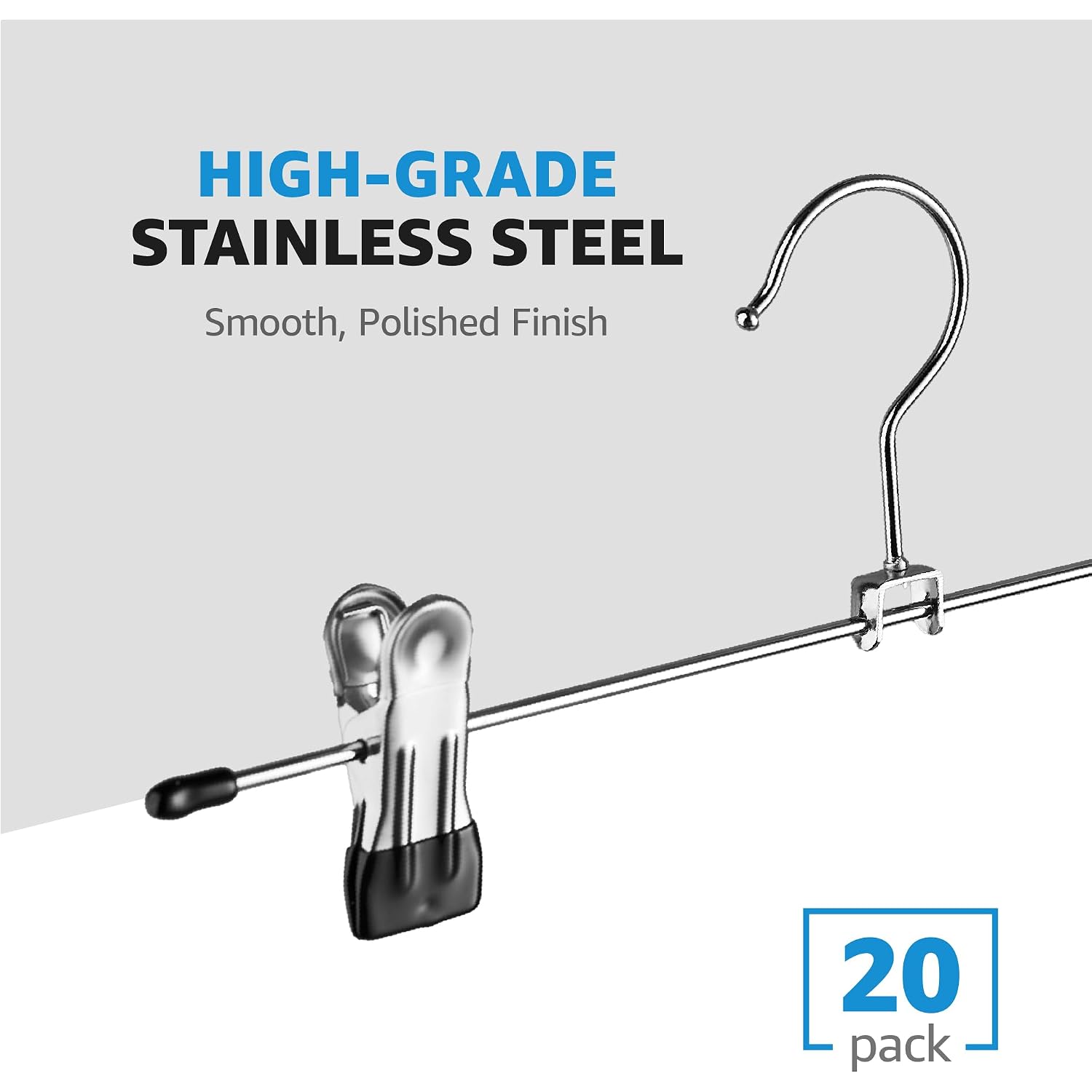 Zober Metal Pants Hangers With Clips - Pack Of 20 Space Saving Skirt Hangers For Women - Chrome, Non-Slip, Adjustable Clips, For Pants, Skirts, Jeans Closet Organization, College Dorm Essentials