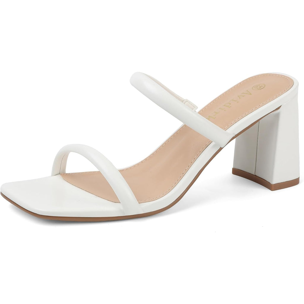 Avidirk Women'S Square Open Toe Heeled Sandals Two Strap Mules Slip On Block Chunky Mid Heels Sandals