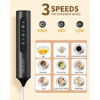 Circle Joy Rechargeable Handheld Milk Frother Wand With 3 Variable Speeds, 3 Whisks And Storage Box, Electric Drink Mixer For Latte, Cappuccino, Hot Chocolate, Eggs And Protein Powder, Black