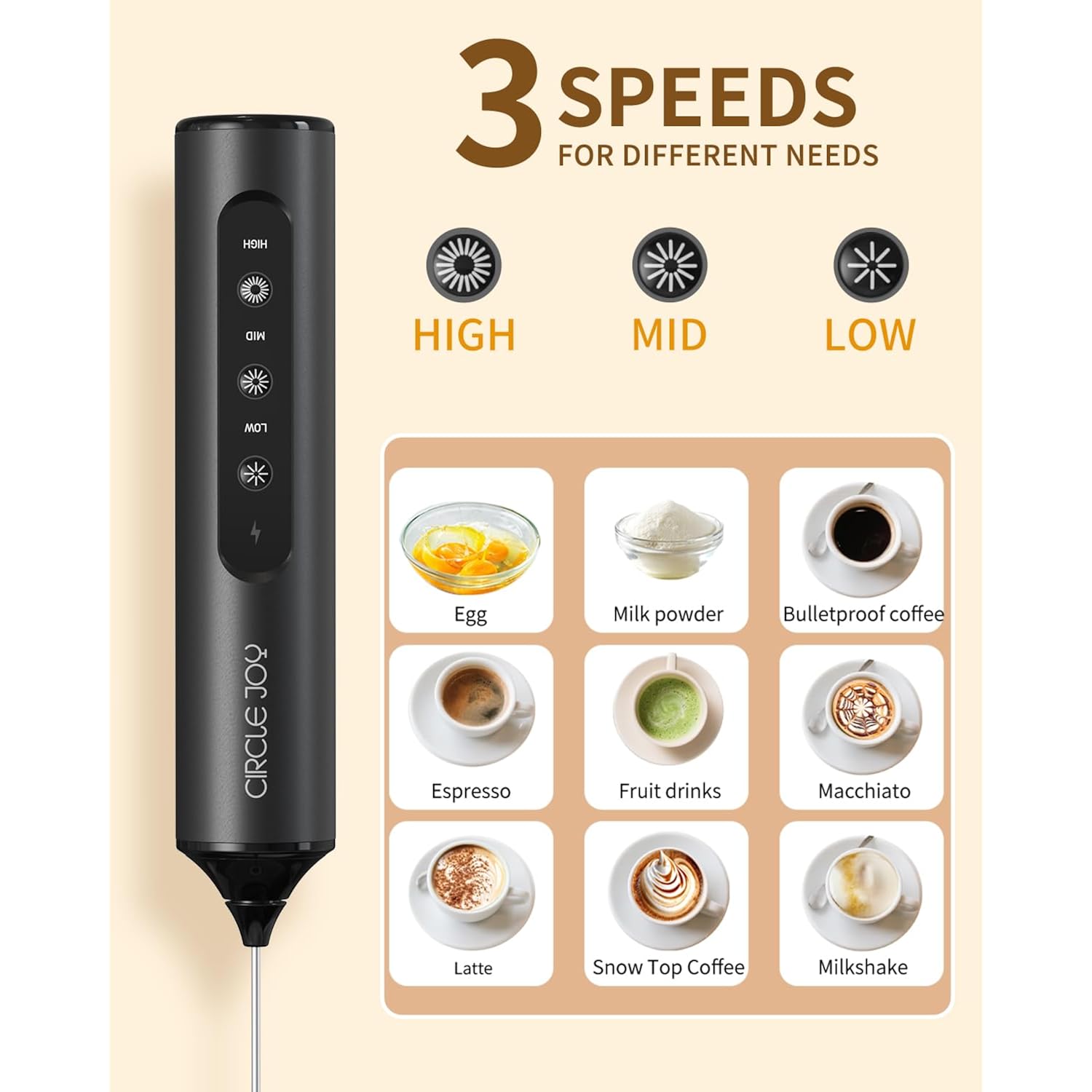 Circle Joy Rechargeable Handheld Milk Frother Wand With 3 Variable Speeds, 3 Whisks And Storage Box, Electric Drink Mixer For Latte, Cappuccino, Hot Chocolate, Eggs And Protein Powder, Black