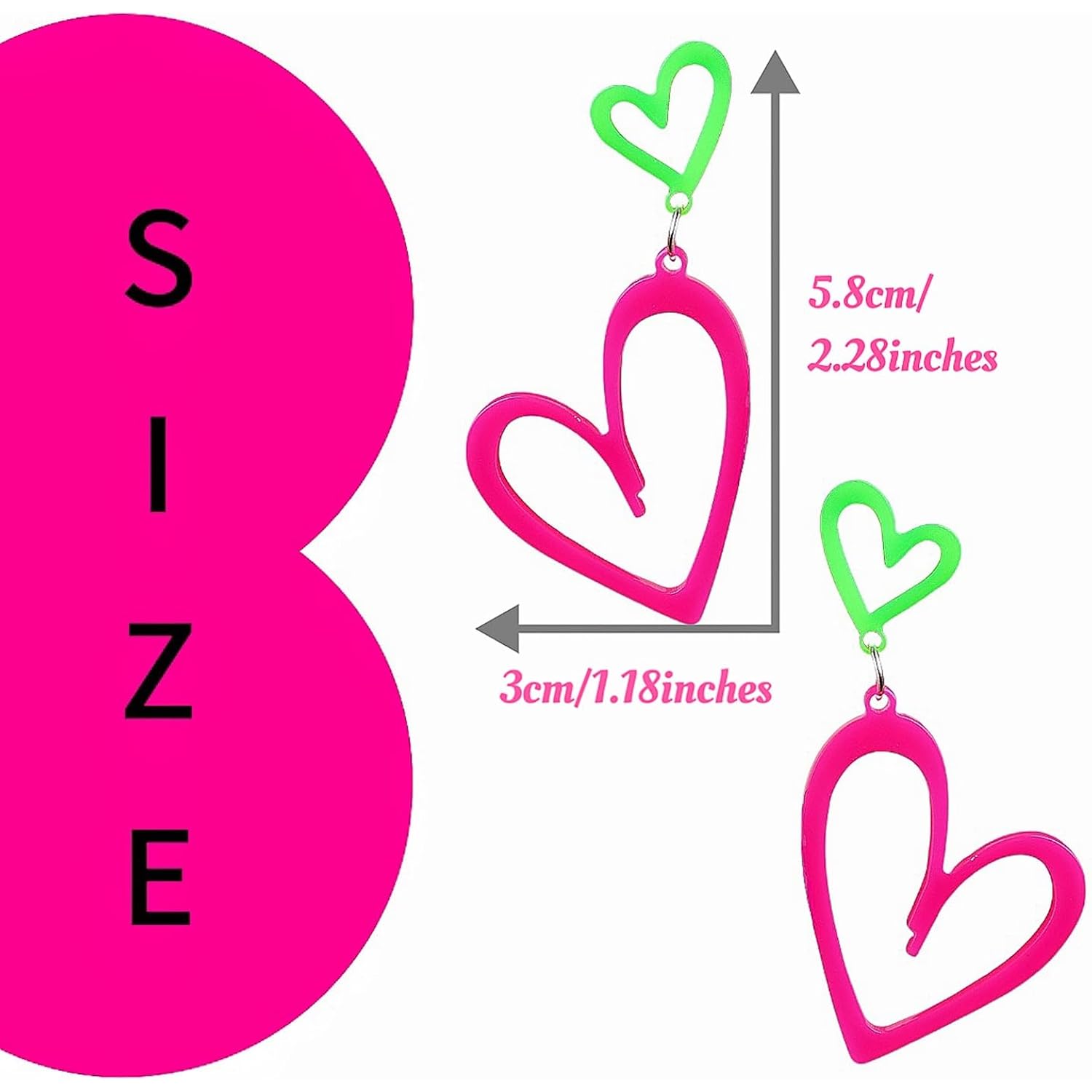 Neon Heart Earrings for Women Acrylic Neon Earrings 80s 90s Outfit for Women Glow Party Accessories Gifts Hot Pink Orange Green Yellow