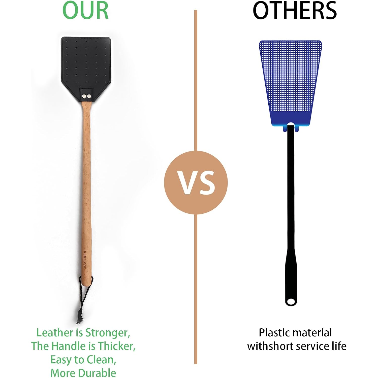 Debetool 2 Pack Sturdy Leather Fly Swatter For Indoors - (19.7”)Long Handle Heavy Duty Wood Fly Swatter With Hanging Rope, Durable Fly Swatter For Outdoor Rustic Bug Swatter Flies,Mosquitoes And Bees