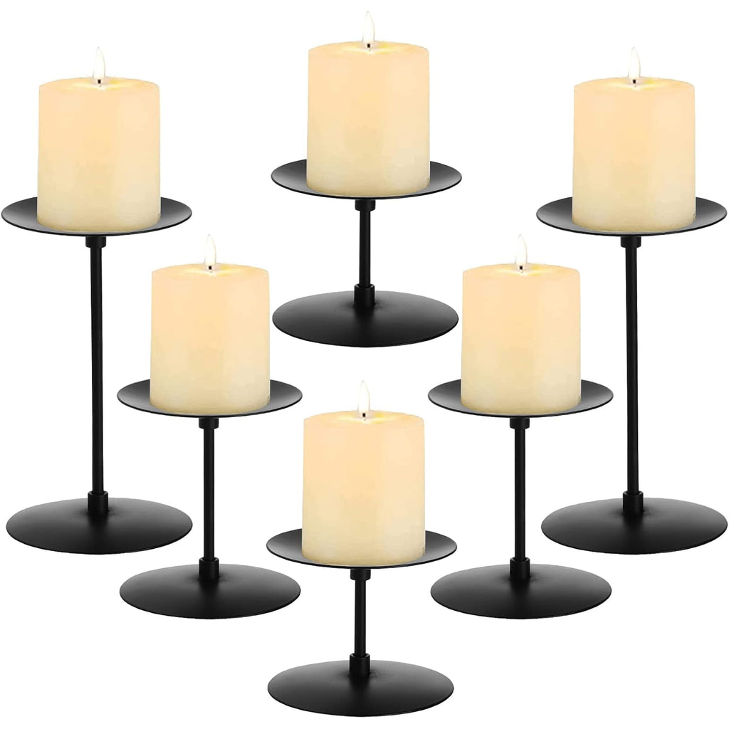 Elsjoy Set of 6 Black Pillar Candle Holders, Metal Pillar Candle Stand Fireplace Candelabras Set for Home Decor, Table Centerpiece, Wedding, 3 Sizes