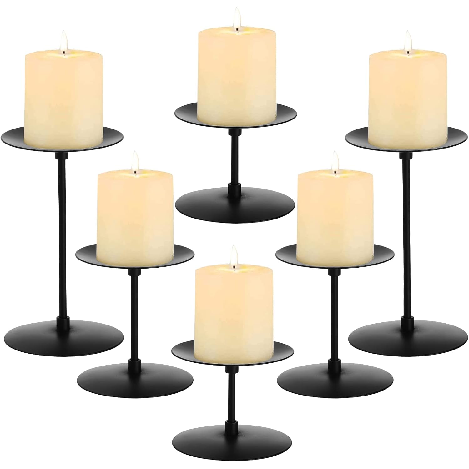 Elsjoy Set of 6 Black Pillar Candle Holders, Metal Pillar Candle Stand Fireplace Candelabras Set for Home Decor, Table Centerpiece, Wedding, 3 Sizes