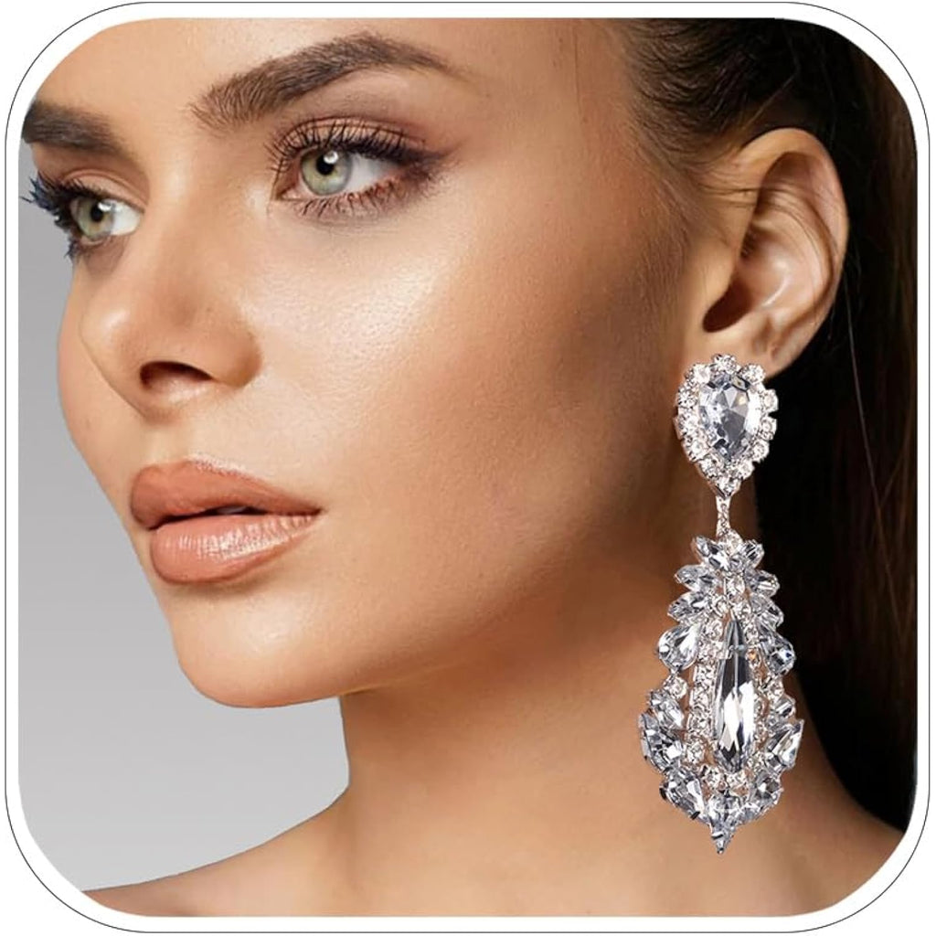 Prom Silver Chandelier Earrings for Women Dangling Hypoallergenic Large Rhinestone Drop Earrings Formal Wedding Jewelry