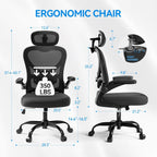 Ergonomic Office Chair With Headrest 3D, Mesh Office Desk Chair With Adjustable Lumbar Support, Computer Chair With Flip Up Armrests, 350Lbs Capacity - Design For Home/Offices - Black