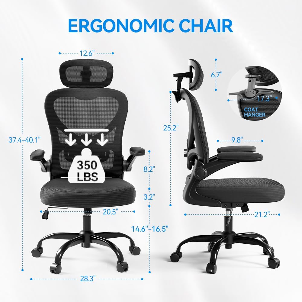 Ergonomic Office Chair With Headrest 3D, Mesh Office Desk Chair With Adjustable Lumbar Support, Computer Chair With Flip Up Armrests, 350Lbs Capacity - Design For Home/Offices - Black