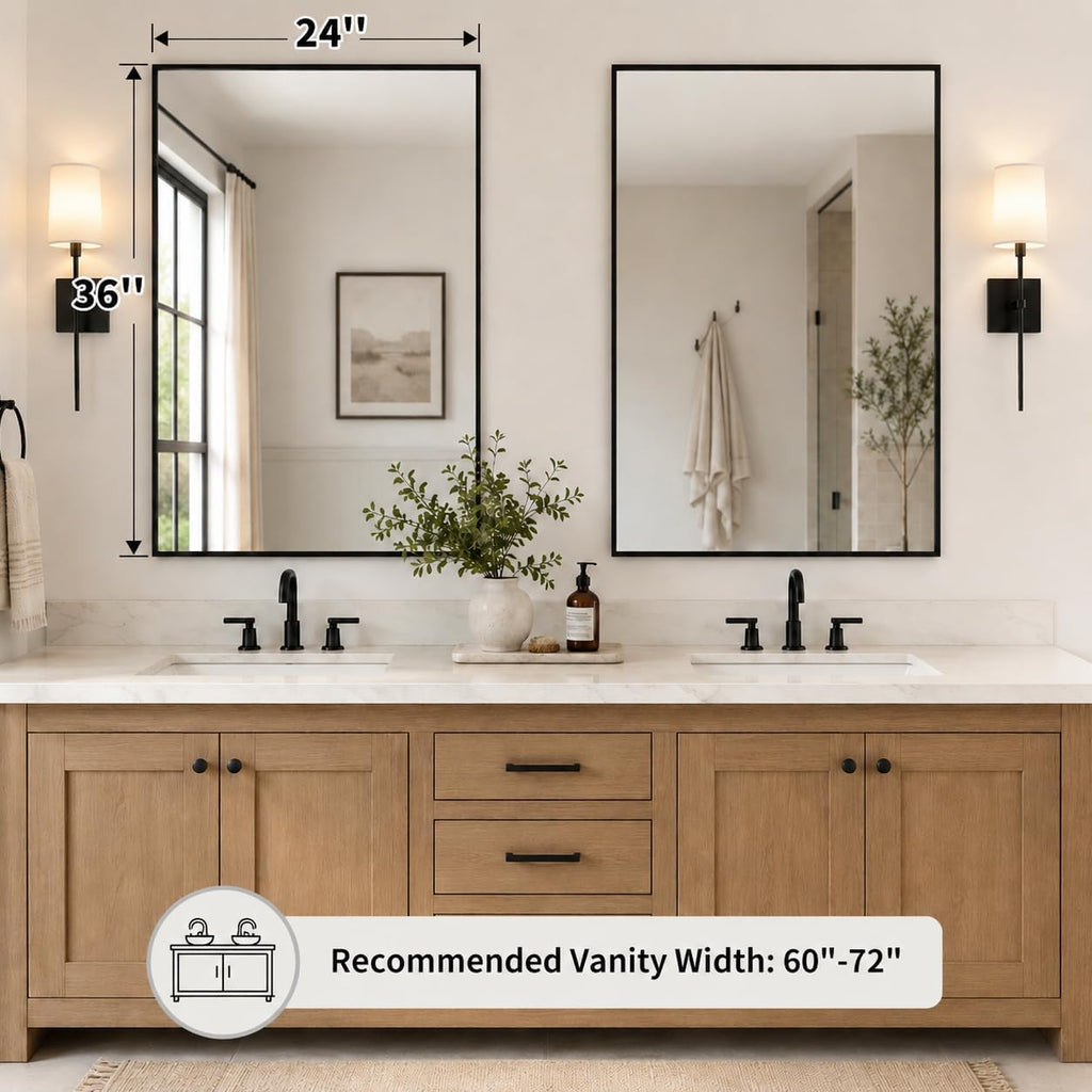 2-Pack 24"X36" Matte Black Framed Bathroom Vanity Wall Mirrors | Taller Vanity Pair, Balanced Twin-Sink Look, Matching Finish Across Rooms, Vertical/Horizontal Hanging, Tempered Glass
