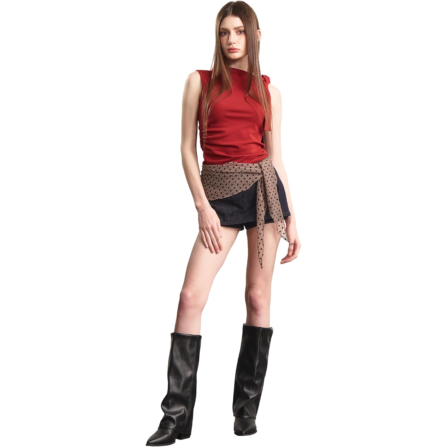 Knee High Boots Women, Fold Over Shark Boots Pointed Toe Block Heels Wide Calf，Minimalist Street Style Faux Leather Boots For Fall & Winter