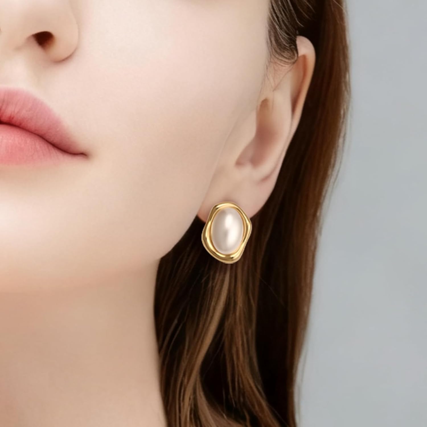 Vintage Pearl Earrings Chunky 14K Gold Plated Pearl Earrings for Women Oval Stud Non Tarnish