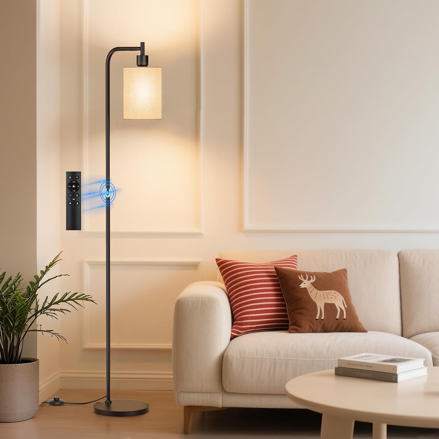 Floor Lamp With Linen Shade, Dimmable Tall Standing Lamp With Remote Control & 3 Color Temperatures, Modern Floor Lamps For Living Room Bedroom Office Corner, 9W Led Bulb Included