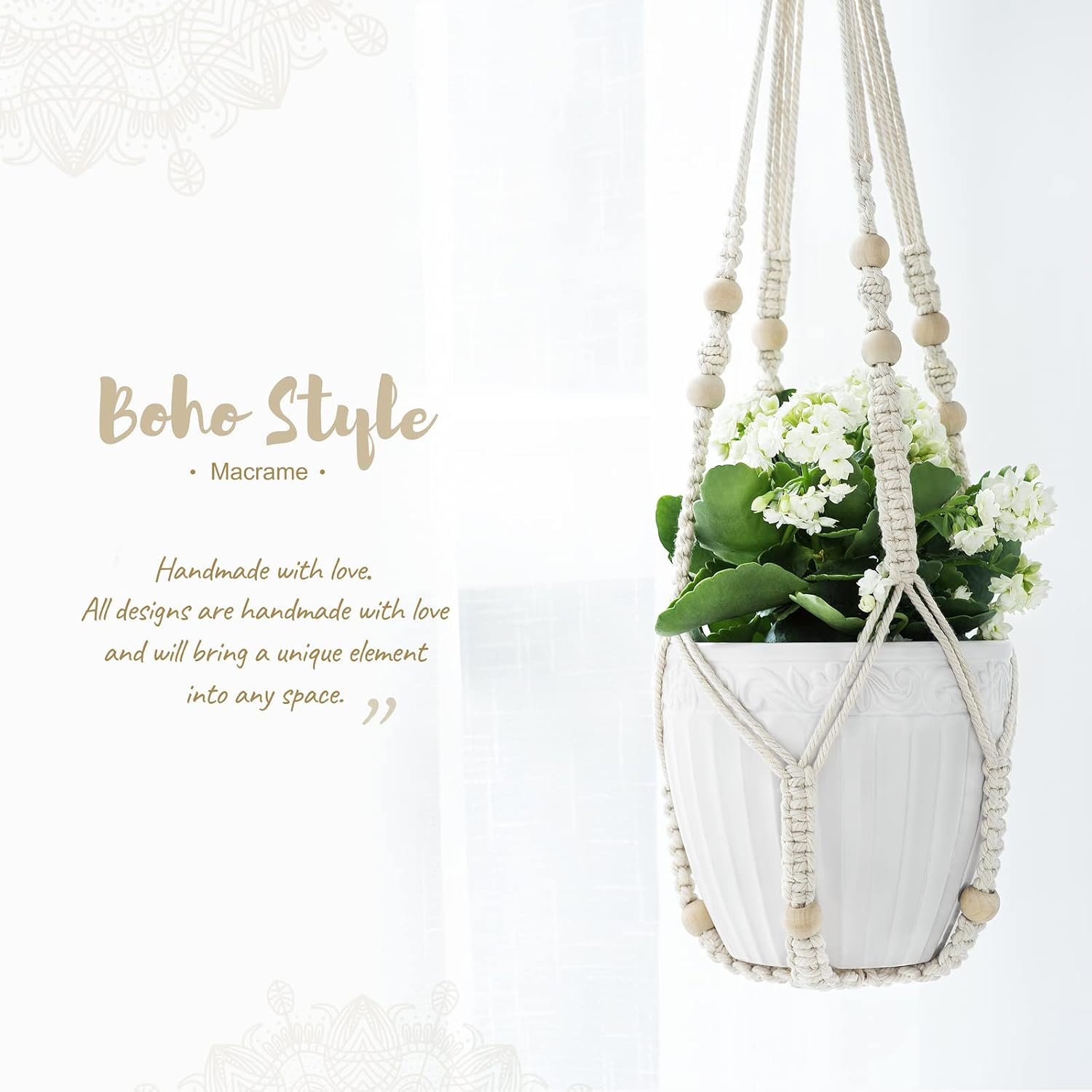 Mkono Macrame Plant Hanger Indoor Hanging Planter Basket With Wood Beads Decorative Flower Pot Holder No Tassels For Indoor Outdoor Boho Home Decor 35 Inch, Ivory, Set Of 1 (Pots Not Included)