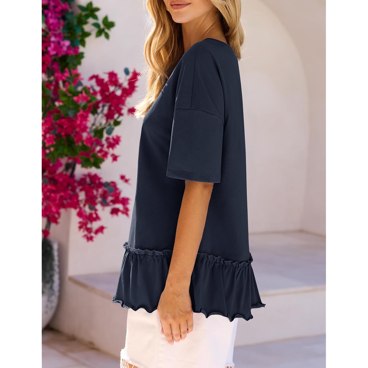 Merokeety Women'S 2026 Summer Peplum Tops Oversized Blouse Casual Short Sleeve Crew Neck Ruffle Tunic T Shirts