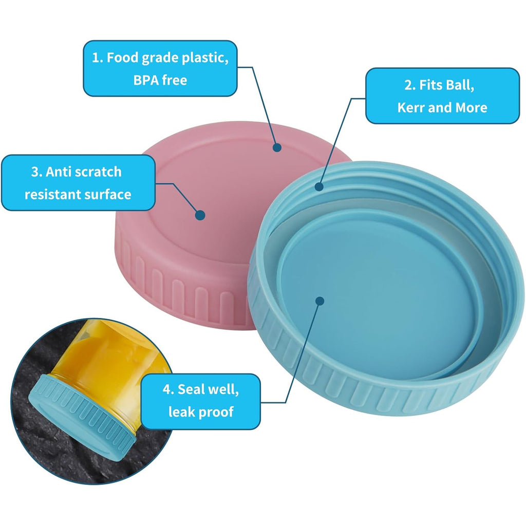 Vaincre 8PCS Wide Mouth Mason Jar Lids, Plastic Mason Jar Canning Lids Tops, Reusable Leak Proof Canning Covers with Silicone Rings for Ball, Kerr and More, Dishwasher Safe